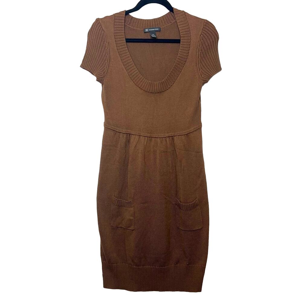 Vintage 90s Sweater Dress Brown Silk Cotton Babydoll Short Sleeve Size Medium